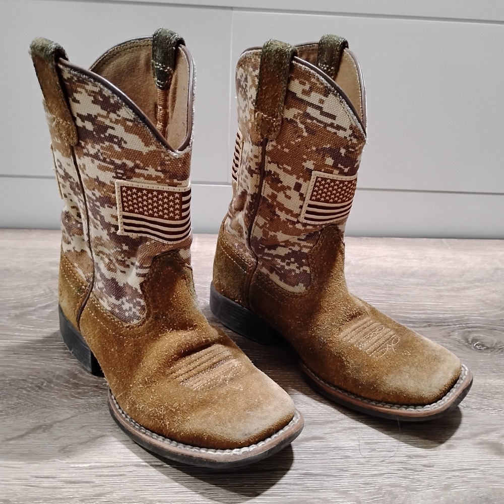 Ariat Boots Kids 12 Brown Camo Flag Patriot Western Square Suede Western Cowboy